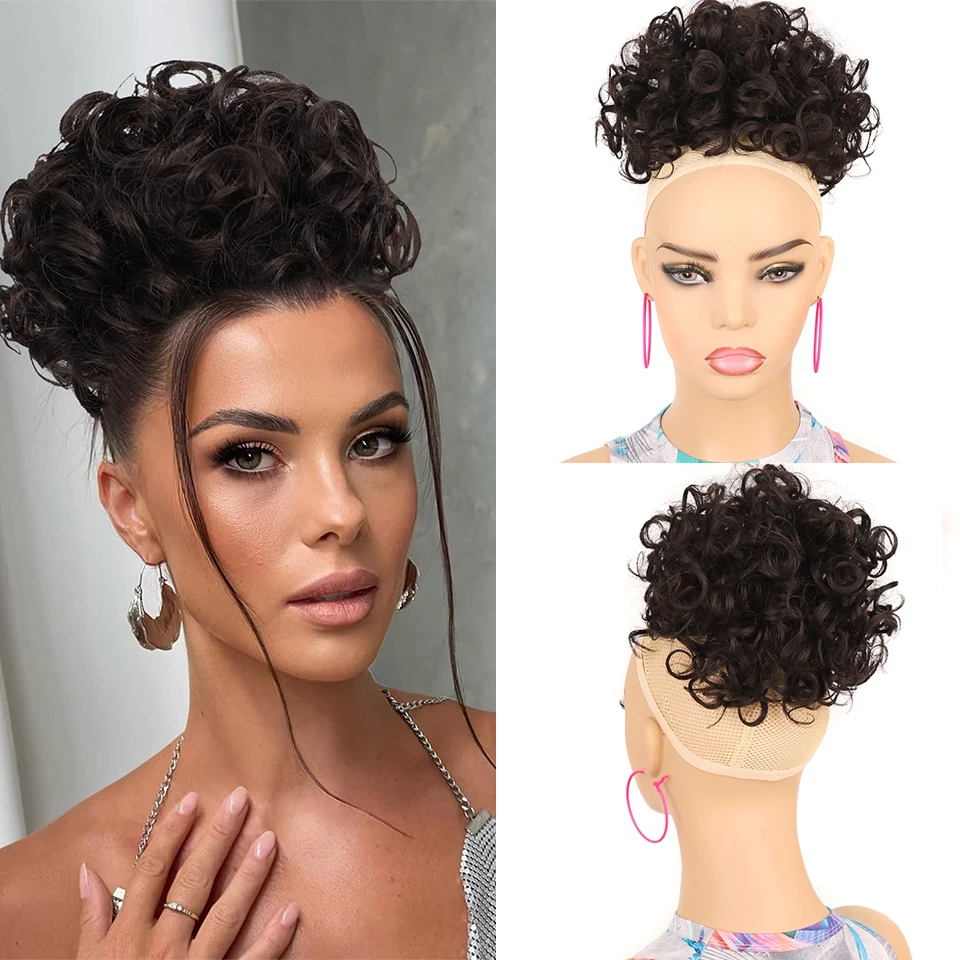 Messy Bun Hair Piece Afro Puff Drawstring Loose Wave Large Curly Short Ponytail Extensions Synthetic Chignon for Women Daily Use