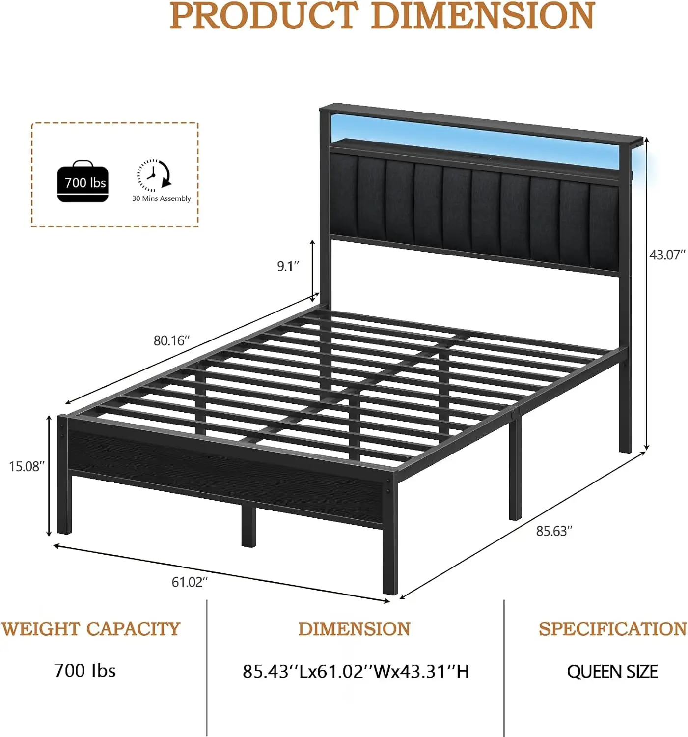 Queen Size Bed Frame with Charging Station and LED Lights | Platform Bed with Grey Upholstered Headboard, 2-Tier Storage Shelf, Metal Slats, No Box Spring Needed, Noise-Free, USB+Type-C