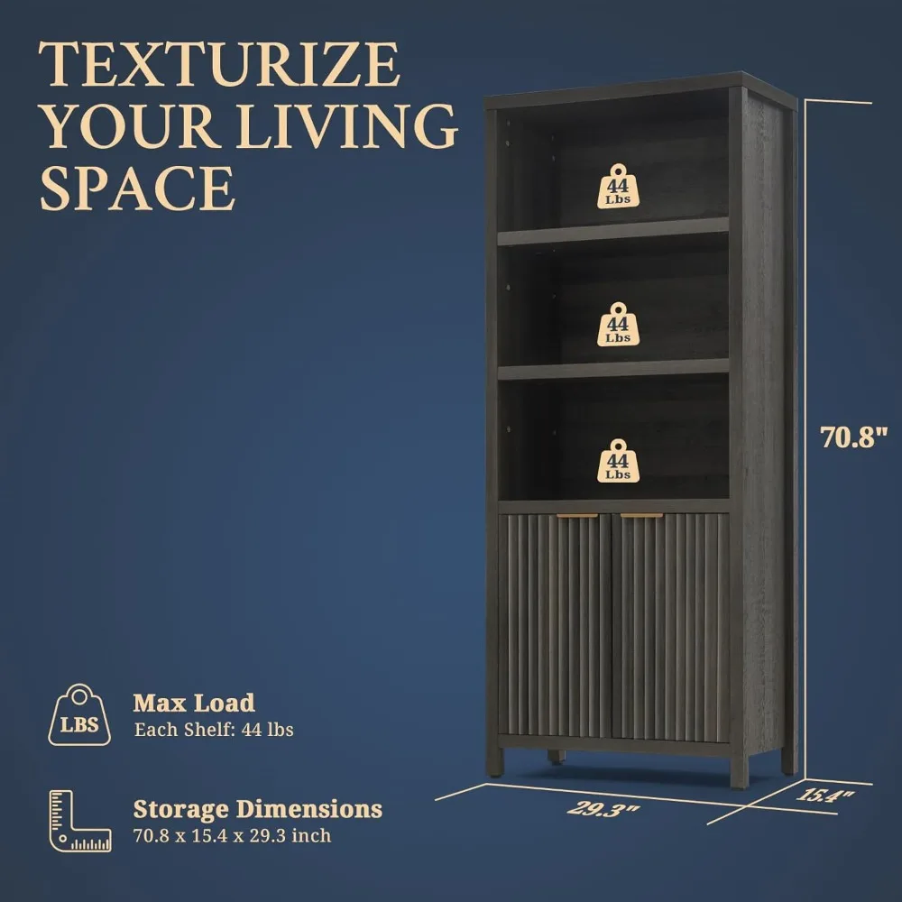 رف كتب طويل مع خزانة أبواب بعمق 15.4 بوصة، رف كتب من 5 طبقات، خزائن كتب MDF من خشب البلوط مقاس 1.4 بوصة مع أرضية تخزين #2