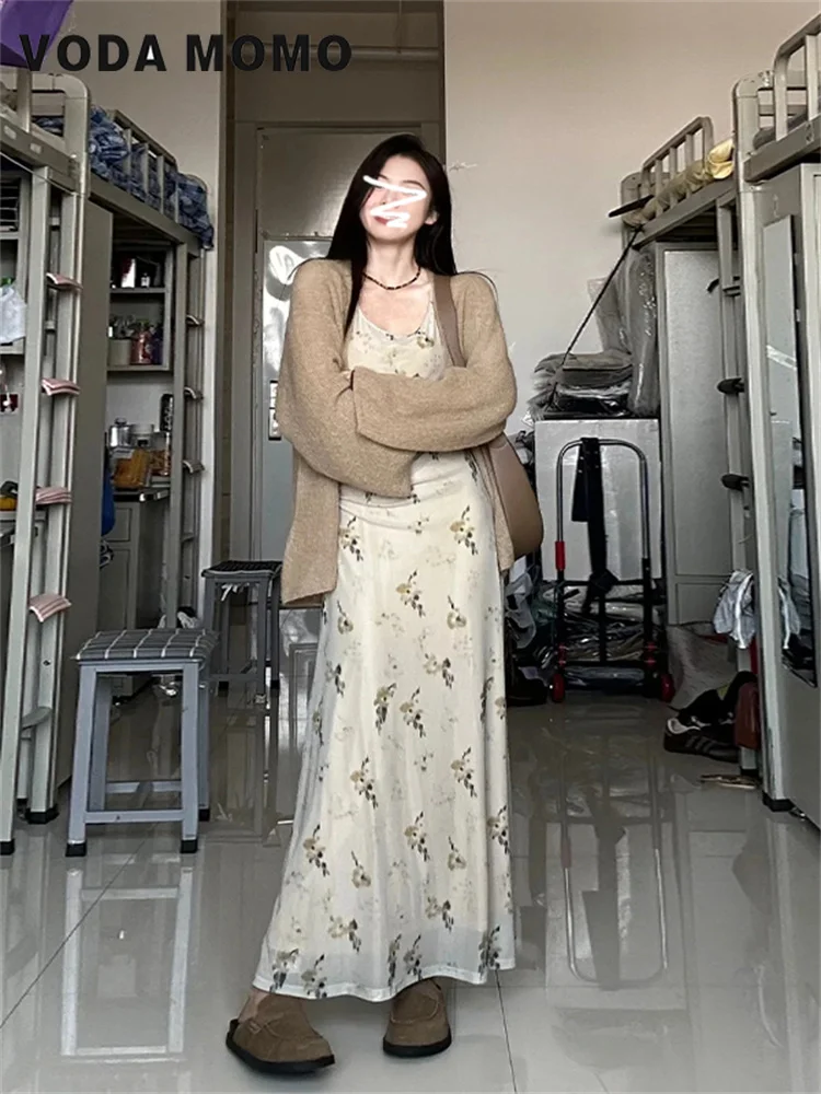 

Spring Autumn 2023 Harajuku Versatile Fashion New Long Dress Mesh Fragmented Flower Long Sleeve Dress Elegant Design Gentle Wind
