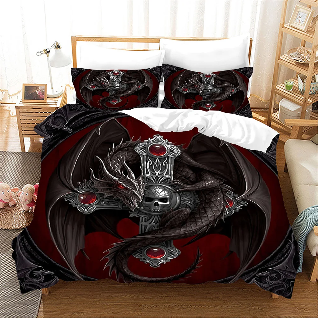 3pcs Bedding Sets 3D Print Retro Scary Skeleton Red Rose Black Dragon Luxury Movie Bed Duvet Cover Set and 2pcs Pillow cover