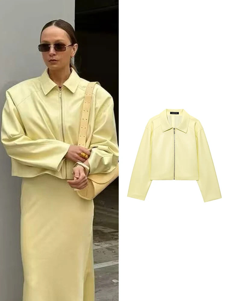 

TFMLN новая женская куртка на молнии из искусственной кожи 2025 модные свободные куртки в стиле ретро с длинными рукавами пальто High Street Trend короткая верхняя одежда