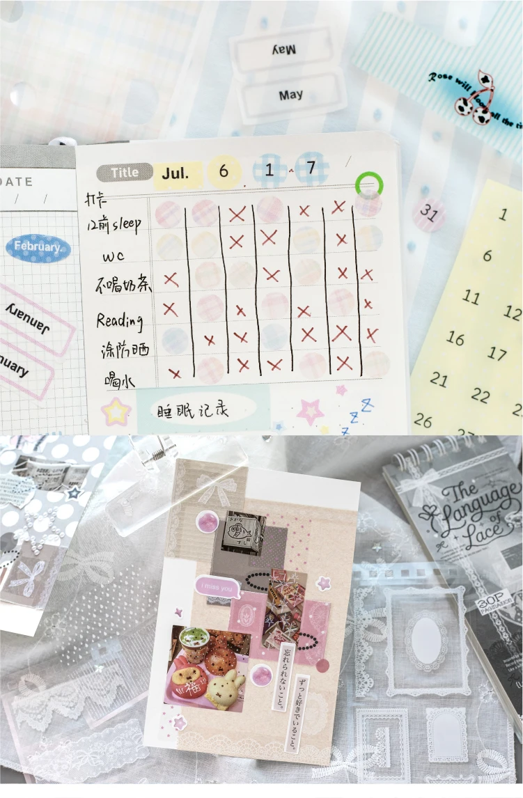 Journal GO 30pcs Mixed Material Date Planner Stickers PET & Washi Paper Index Sticker for Scrapbooking Colorful Number Month