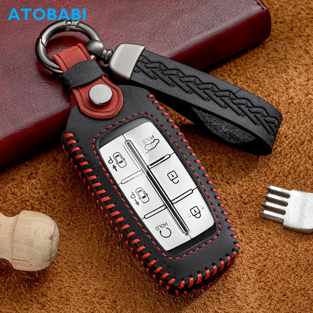 Leather Car Key Case Smart Remote Fob Protector Cover Auto Accessories For Hyundai Genesis GV70 GV80 2021 2022 G70 G80 2023 2024