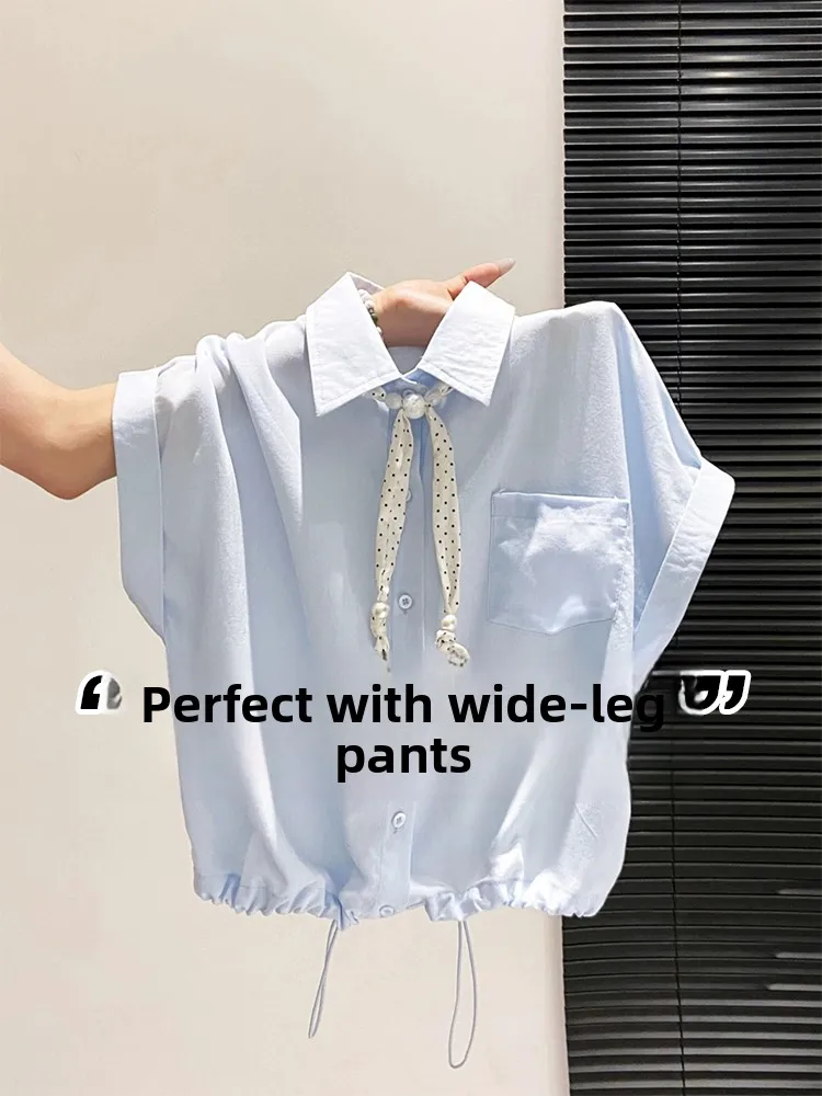 

Blue Polka Dot Silk Ribbon Short Sleeve Turn-down Collar Shirt Women Summer Outerwear Drawstring Waist Loose Slimming Short Top