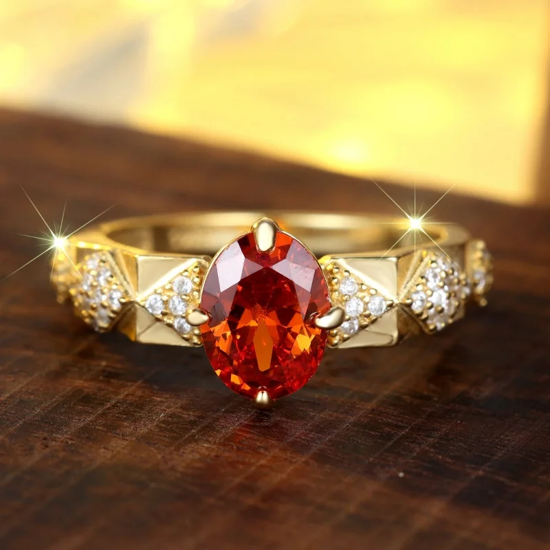 2026 Non fading egg shaped orange red edge with white zircon inlay ring for women, versatile, fashionable and elegant accessory