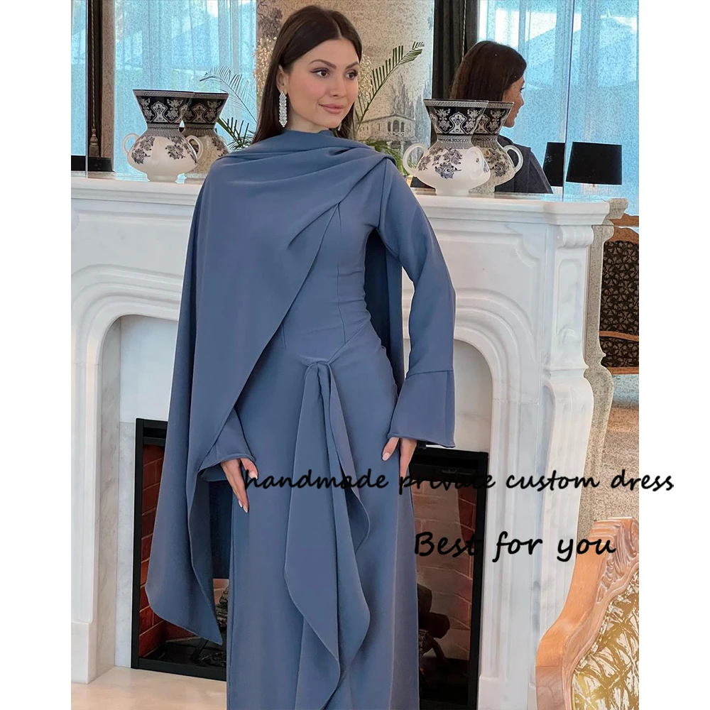 

Arabian Dubai Mermaid Evening Dresses Long Sleeve O Neck Pleats Satin Formal Prom Dress Floor Length Evening Party Gowns