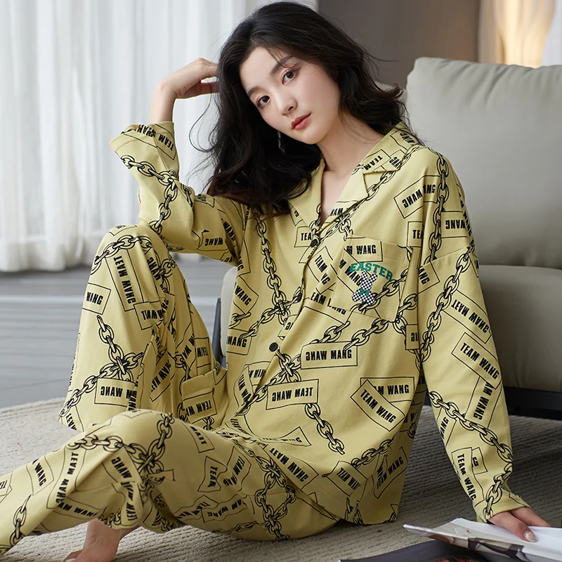 M-XXL Women's All Cotton Home Furnishings Cardigan Letter Printed Fashion Women's Pajamas Spring and Autumn