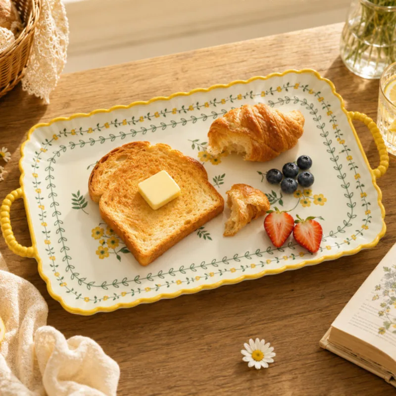 32cm Ceramic Serving Tray Rectangular Plate Yellow Flower Double Handle Dessert Fruit Cake Dish Kitchen Tableware Snack Plate