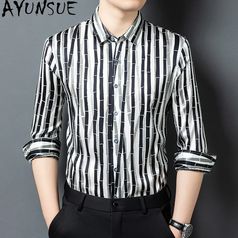 AYUNSUE 92.5% Real Mulberry Silk Shirt for Men 2026 Fashion Spring Autumn Long Sleeve Shirts Casual Business Shirts Man Clothes