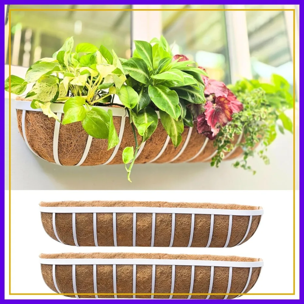 

36 Inch Outdoor Metal Planter Boxes 2 Pack, White Rectangular Flower Box with Coco Liner for Balcony Fence Patio