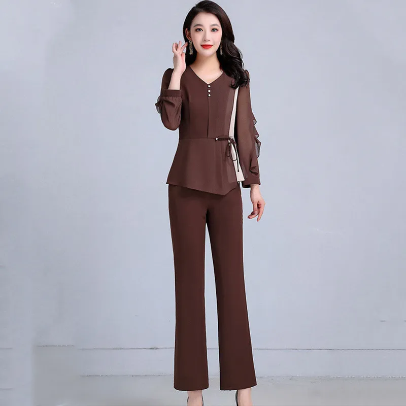 Ensembles de pantalons en mousseline de soie pour femmes, surdimensionnés, col en V, patchwork, bord champignon, tenues féminines, nouvelle mode, printemps, 2024, 2 pièces