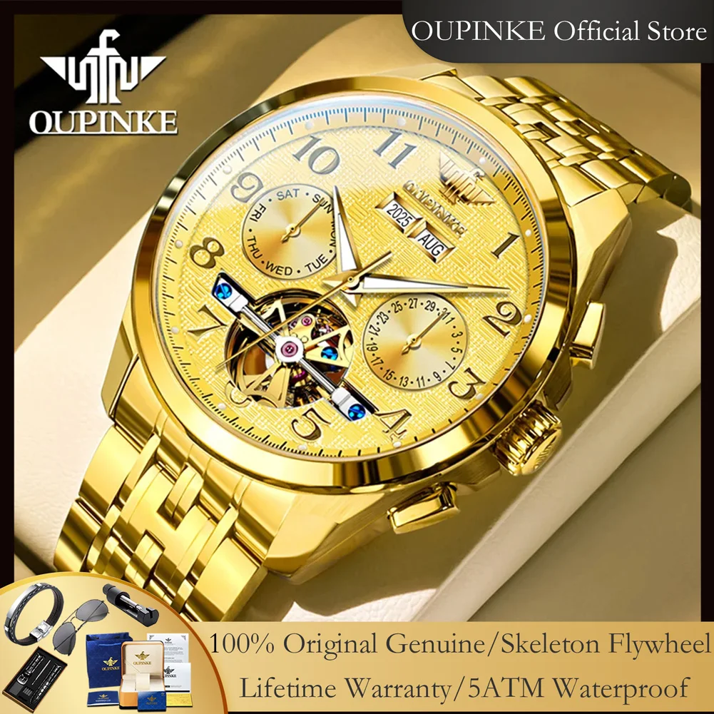 

OUPINKE 3263 автоматические мужские часы, элитный бренд, механические наручные часы со скелетонизированным маховиком для мужчин, полые мужские часы