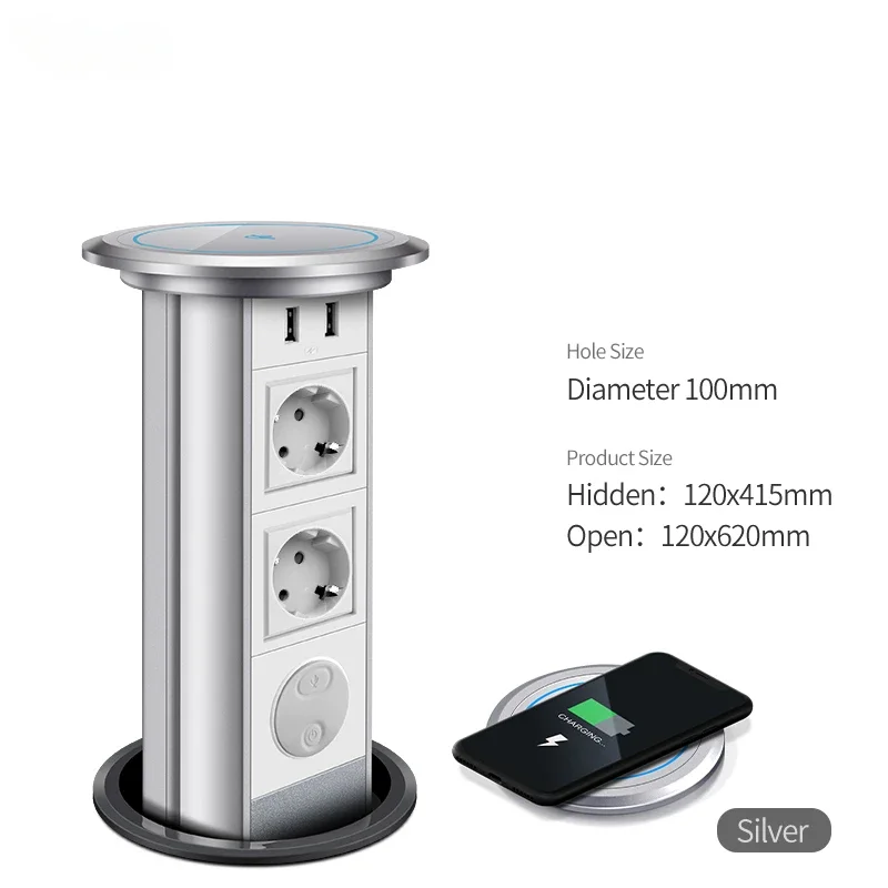 Electric Lifting Socket Counter top Concealed EU standard Automatic Pop Up Outlet Retractable Silver With USB for Home Office