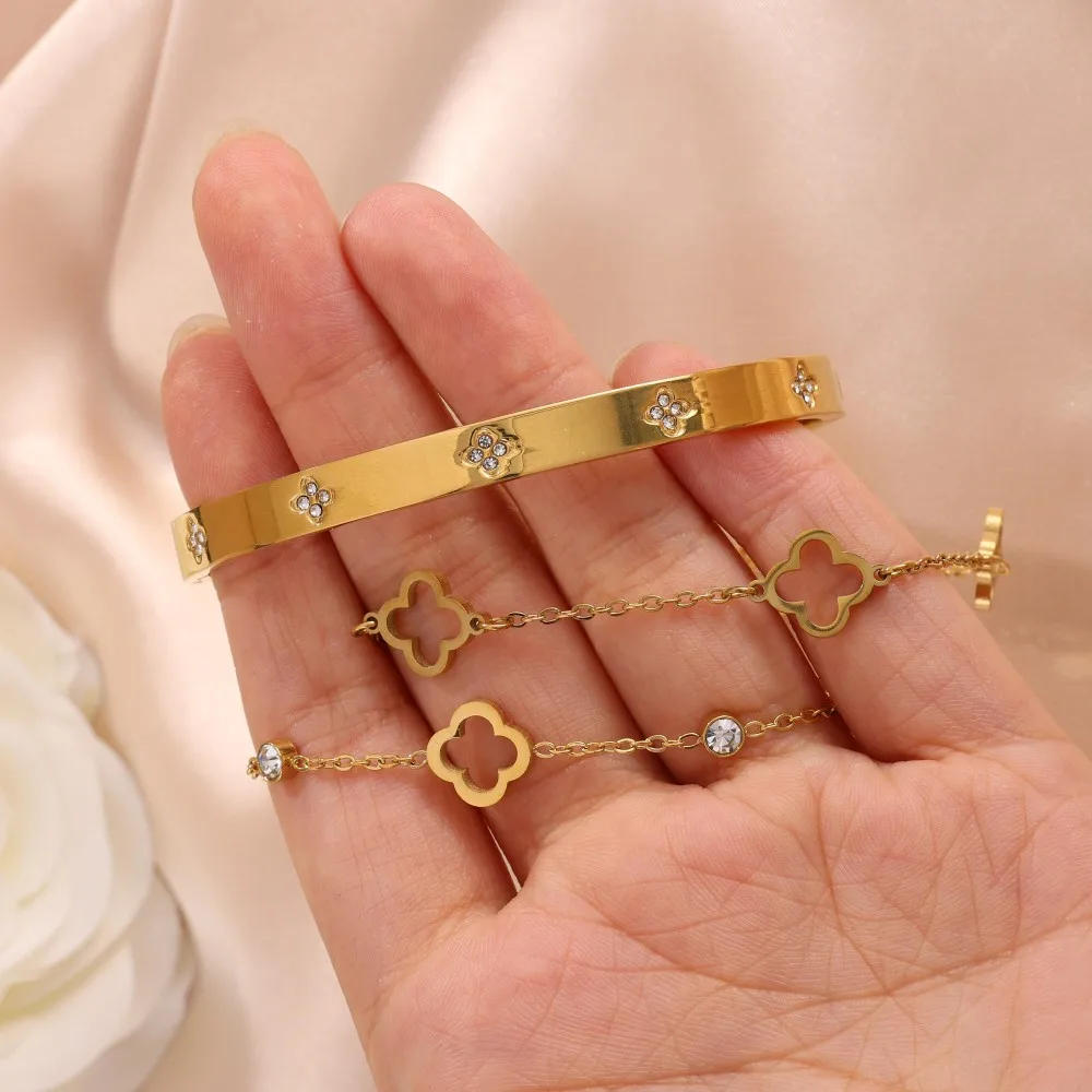 Elegant Luxury-Inspired Stainless Steel Zircon-Studded Floral & Openwork Four-Leaf Clover Bracelet For Women