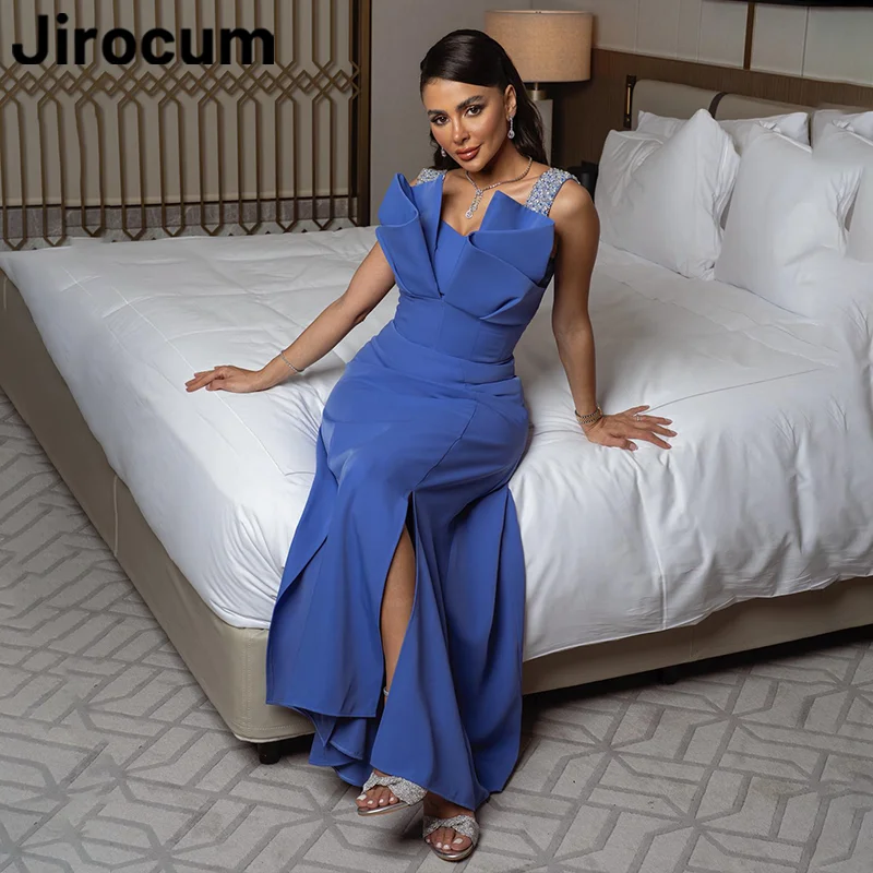 

Jirocum Vintage Blue Prom Dress Women's Spaghetti Strap Beaded Party Evening Gown Mermaid Floor Length Slit Special Occasion