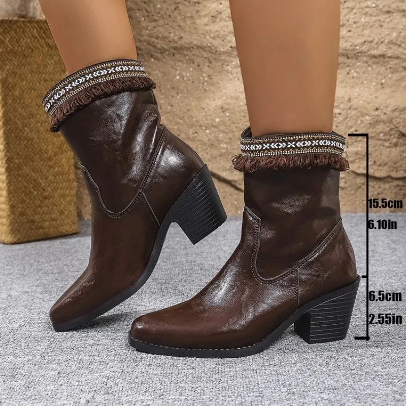 

New Retro Concise Western Cowboy Leather Pointed Toe Boots Thick High Heels Ankle Boots Warm Knight Boots Female High Heel Shoes