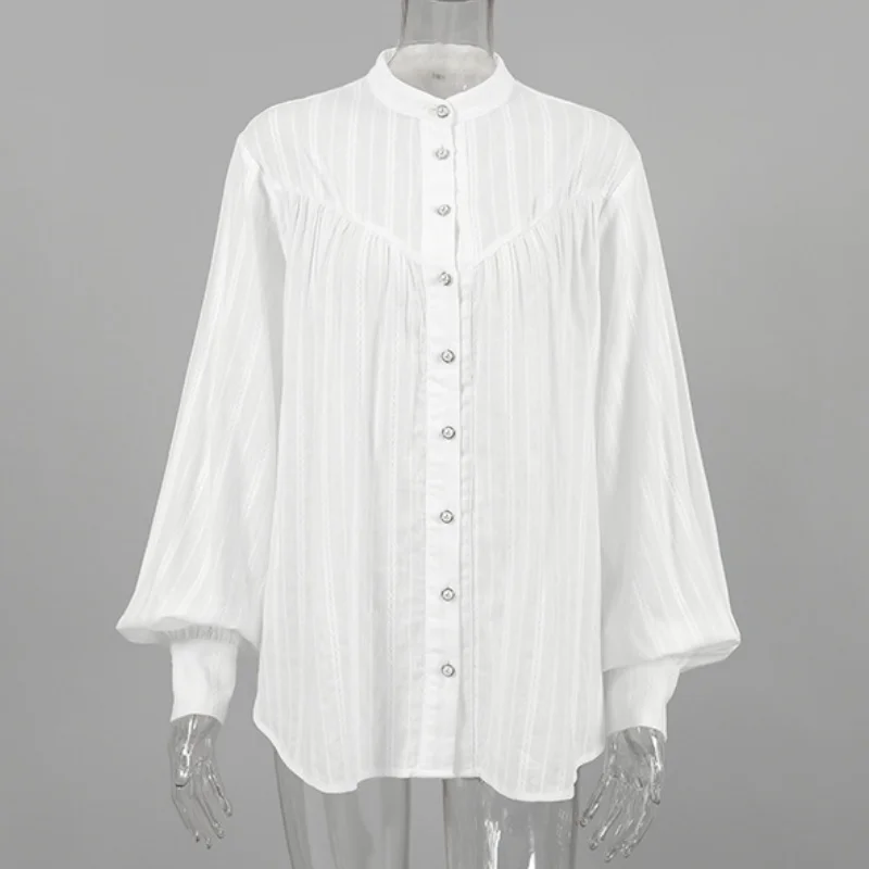 Primavera manga bolha camisa branca blusa feminina simplicidade francesa em torno do pescoço mangas compridas baggy topos design chique camisa vintage