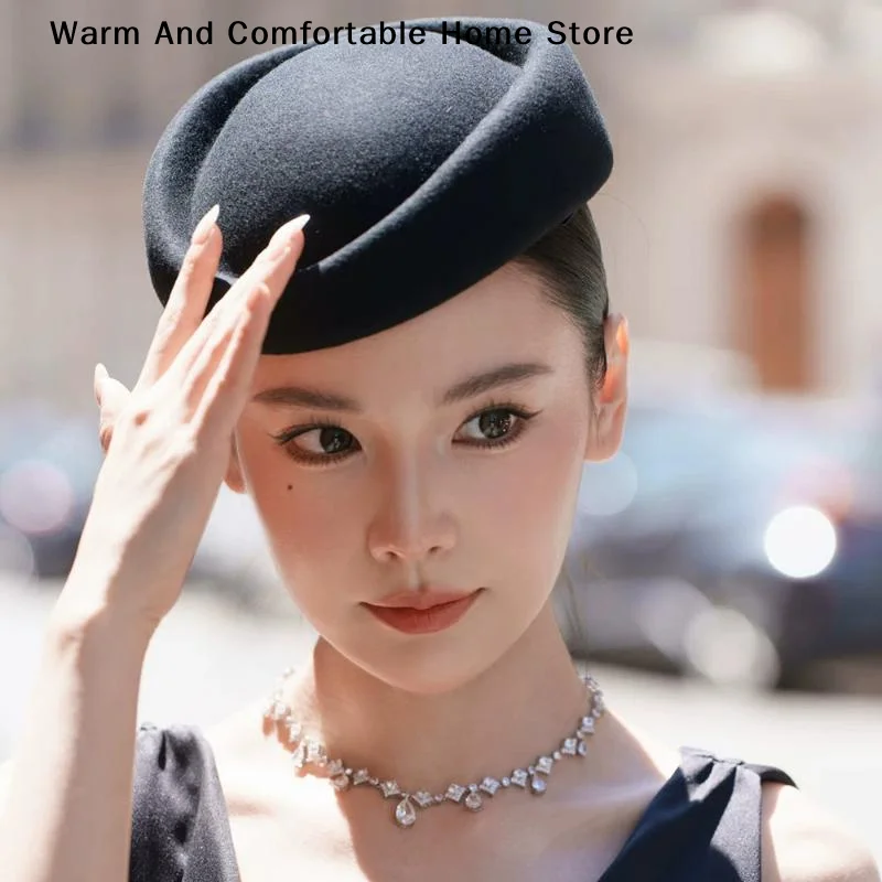 Elegant Beret Hat Women's Caps Airline Stewardess Flight Attendant Vintage Hat Black Flat Top Hat Wedding Caps Formal Church