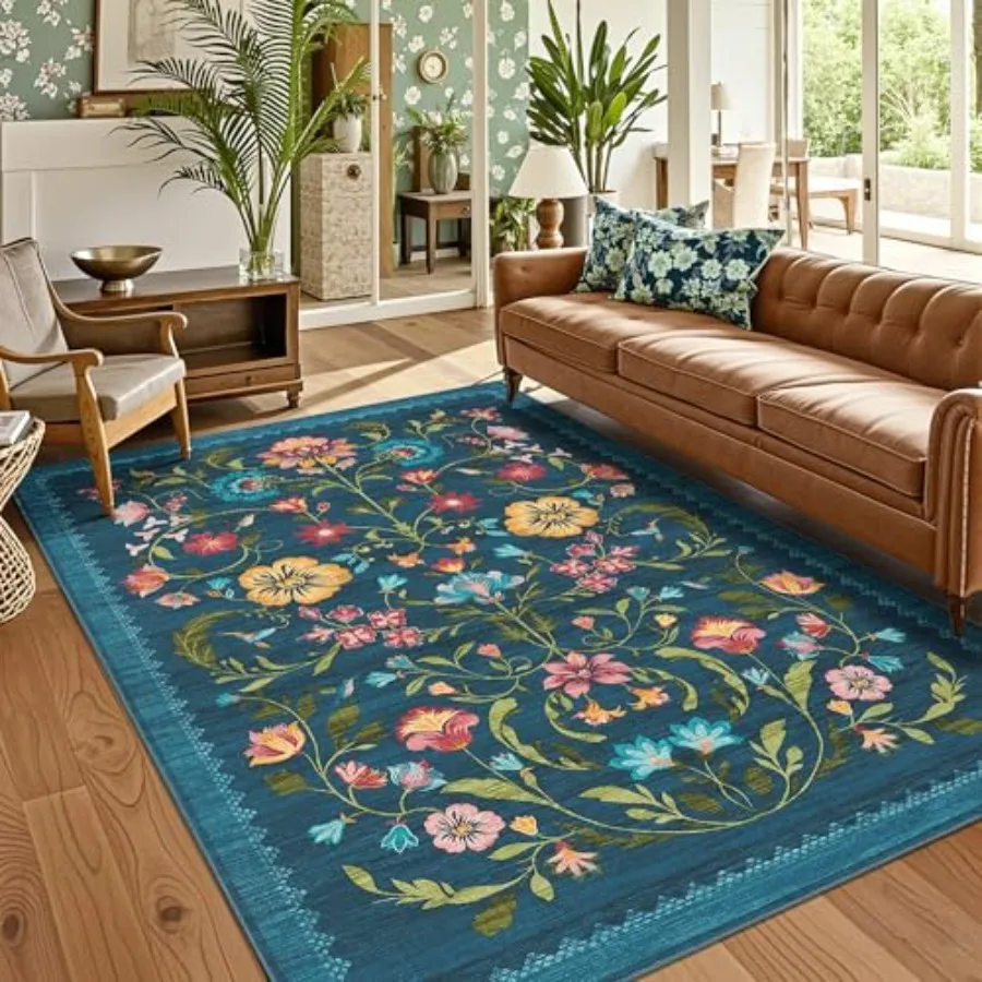 

Washable 5x7 Area Rugs for Living Room and Bedroom Soft Boho Floral Design Non Slip Throw Rugs with Rubber Back Low Pile Stain