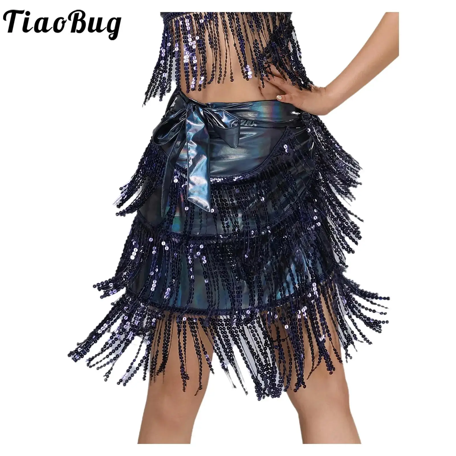 

Women Belly Dance Sequined Fringe Hip Scarf Clubwear Side Tying Tiered Shiny Waist Wrap One-piece Skirt for Latin Jazz Ballroom
