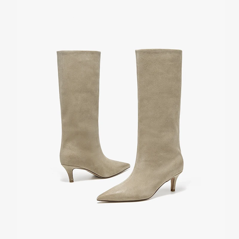 BEAUTODAY Mid-Calf Boots Women Genuine Cow Suede Leather Sewing Pointed Toe Solid Color Slip-on Ladies Shoes Handmade 01350