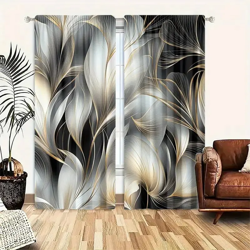 2 Pcs Black and white maple leaves print curtains,suitable for bedroom,living room kitchen decor,home decoration,window decor