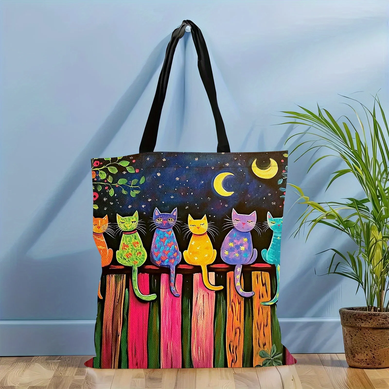 1pc Kitten Back Multifunctional Handbag Lightweight Durable Polyester Tote Whimsical Cat Starry Night Design Shoulder Bag