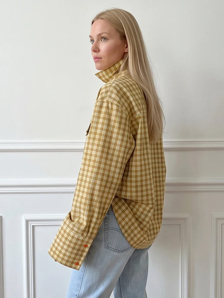 Plaid Button Down Shirt Contrast Buttons Women  Turn‑down Collar Long Wide Cuff Sleeve Oversized Blouse Vintage Lady Daily Tops