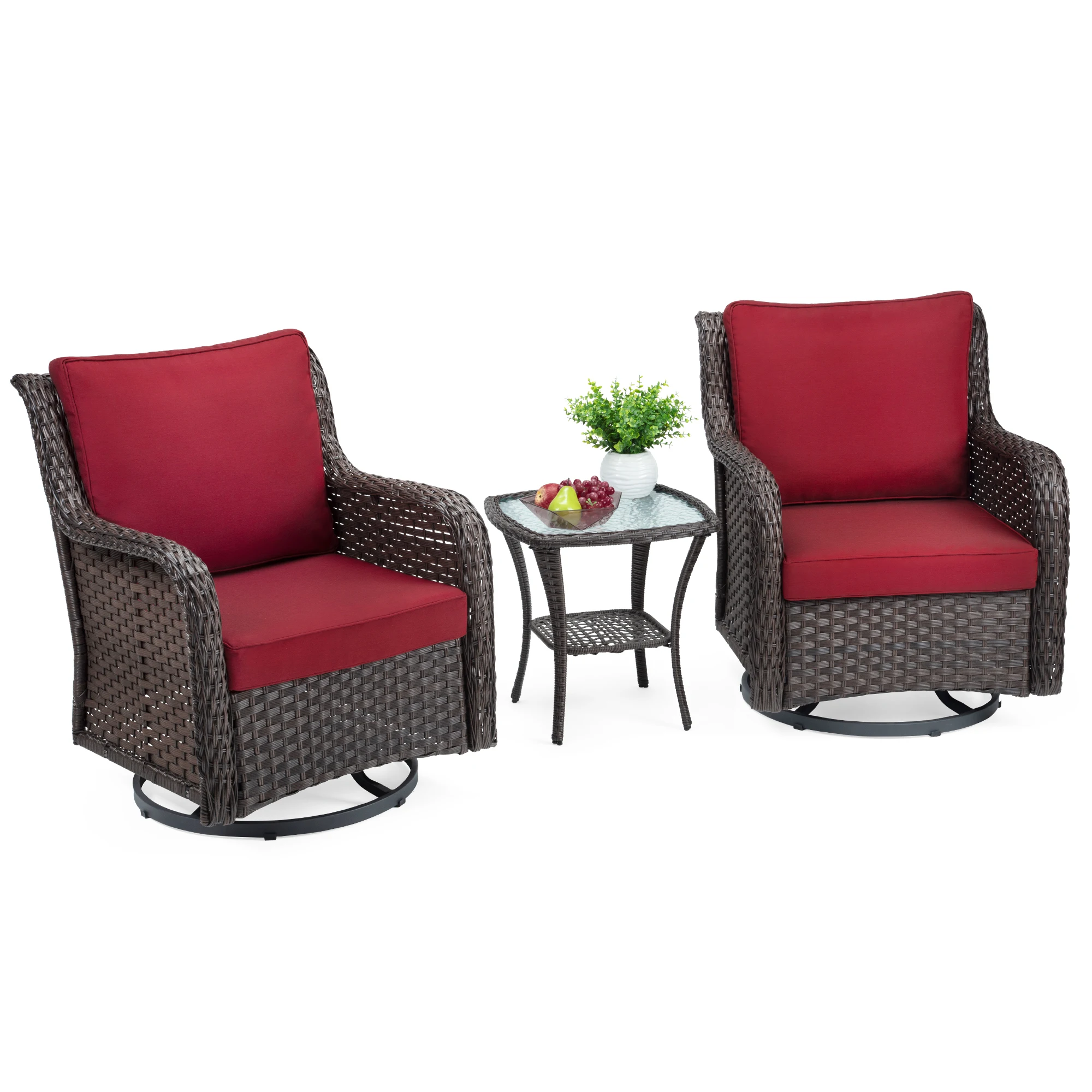 3 Pcs 360° Swivel and Glide Rattan Swivel Rocking Chair Outdoor, Furniture Set, Wicker Chair with Cushions and Table