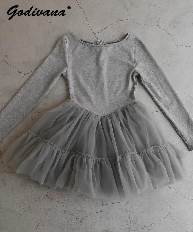 日本の新しいチュールステッチ長袖 Tシャツドレス女性のバレエスタイル甘いハイウエストカジュアルメッシュショートドレス