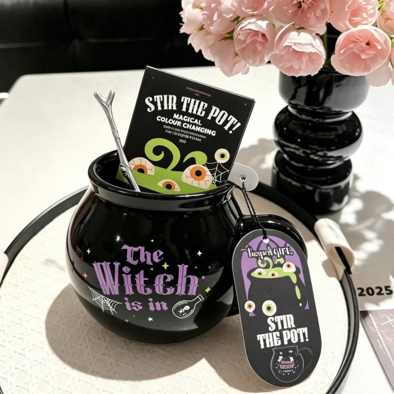 Color Changing Witch Mug Cauldron Cup Gothic Ceramic Coffee Tea Cup With Silver Branch Spoon Birthday Halloween Gift Women