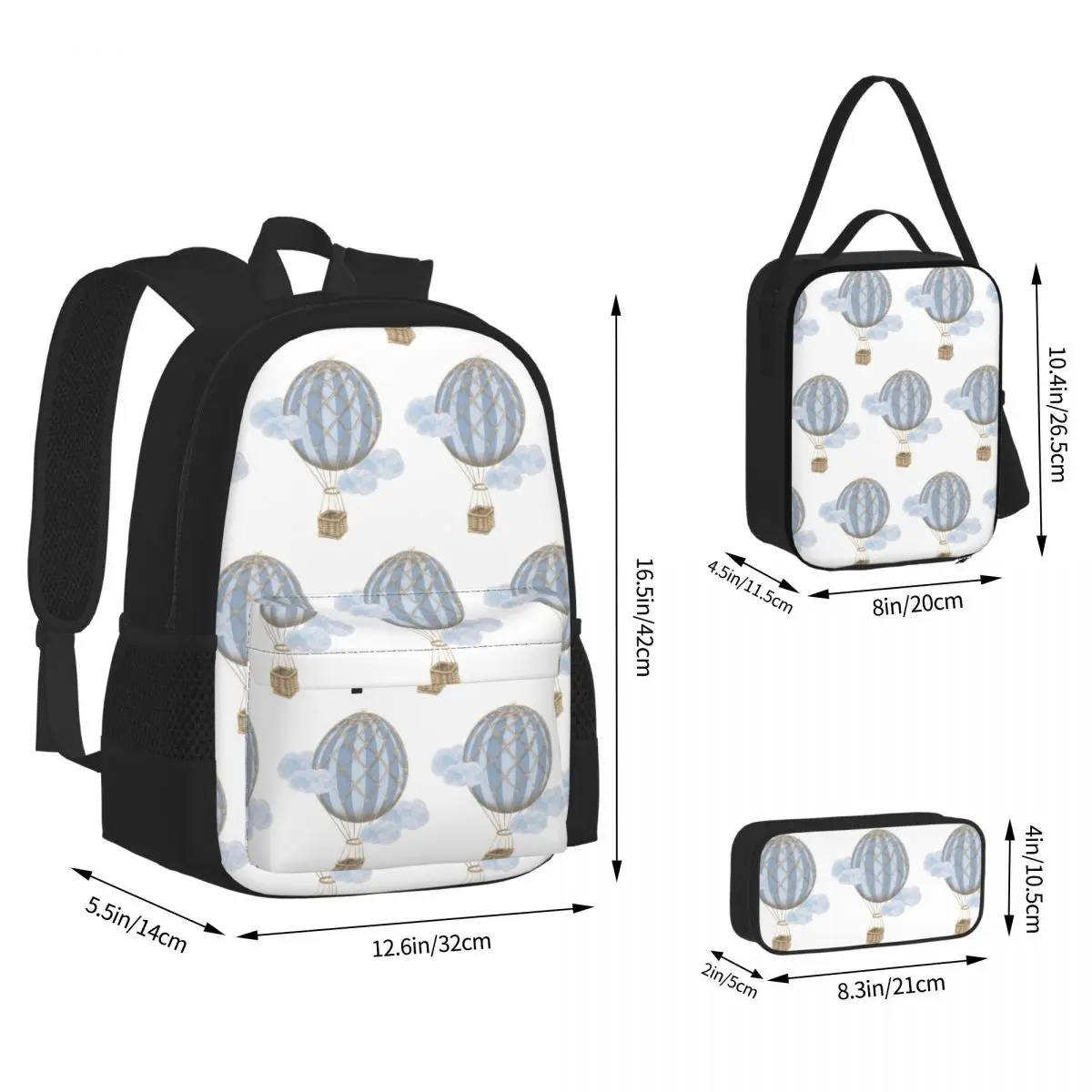 Blue Vintage Hot Air Balloon Backpacks Students Bookbag School Bags Rucksack Lunch Bag Pen Bag Three-Piece Set
