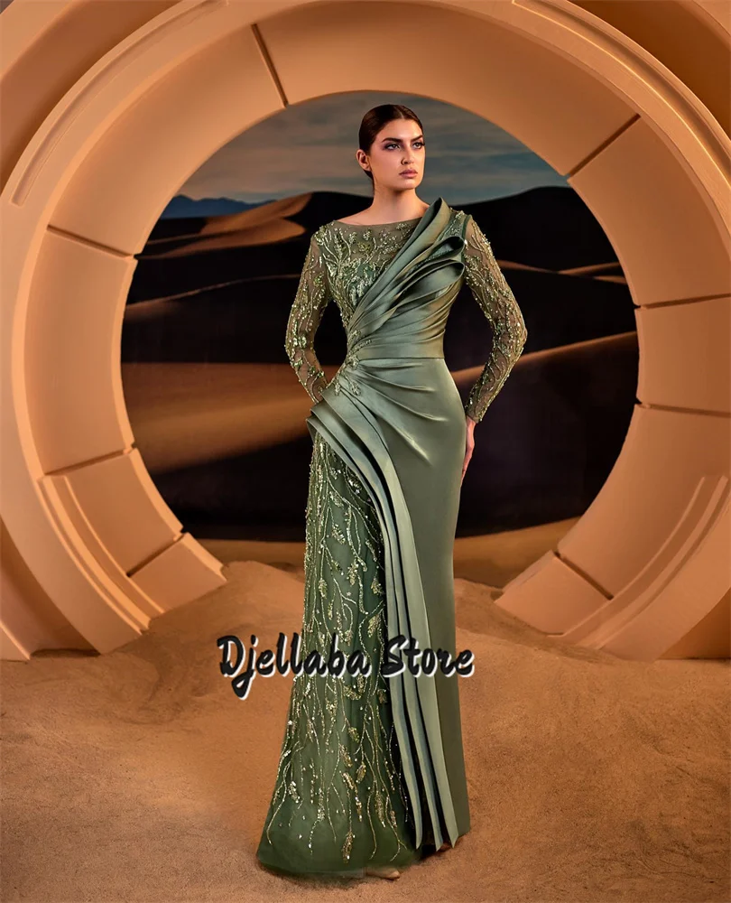 

New Green Beads Long Sleeve Saudi Arabia Dress 2025 Elegant Bride Wedding Party Dress Pleat Prom Dress Evening Gown Customized
