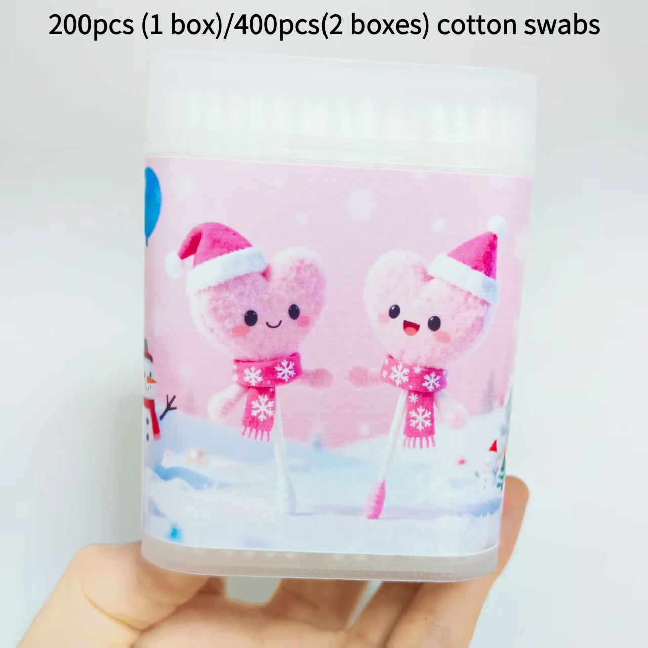 200 Stück/400 Stück rosa Wattestäbchen mit Weihnachtsmotiv, weißes Liebesmuster, Scheuerbox, doppeltes Wattestäbchen