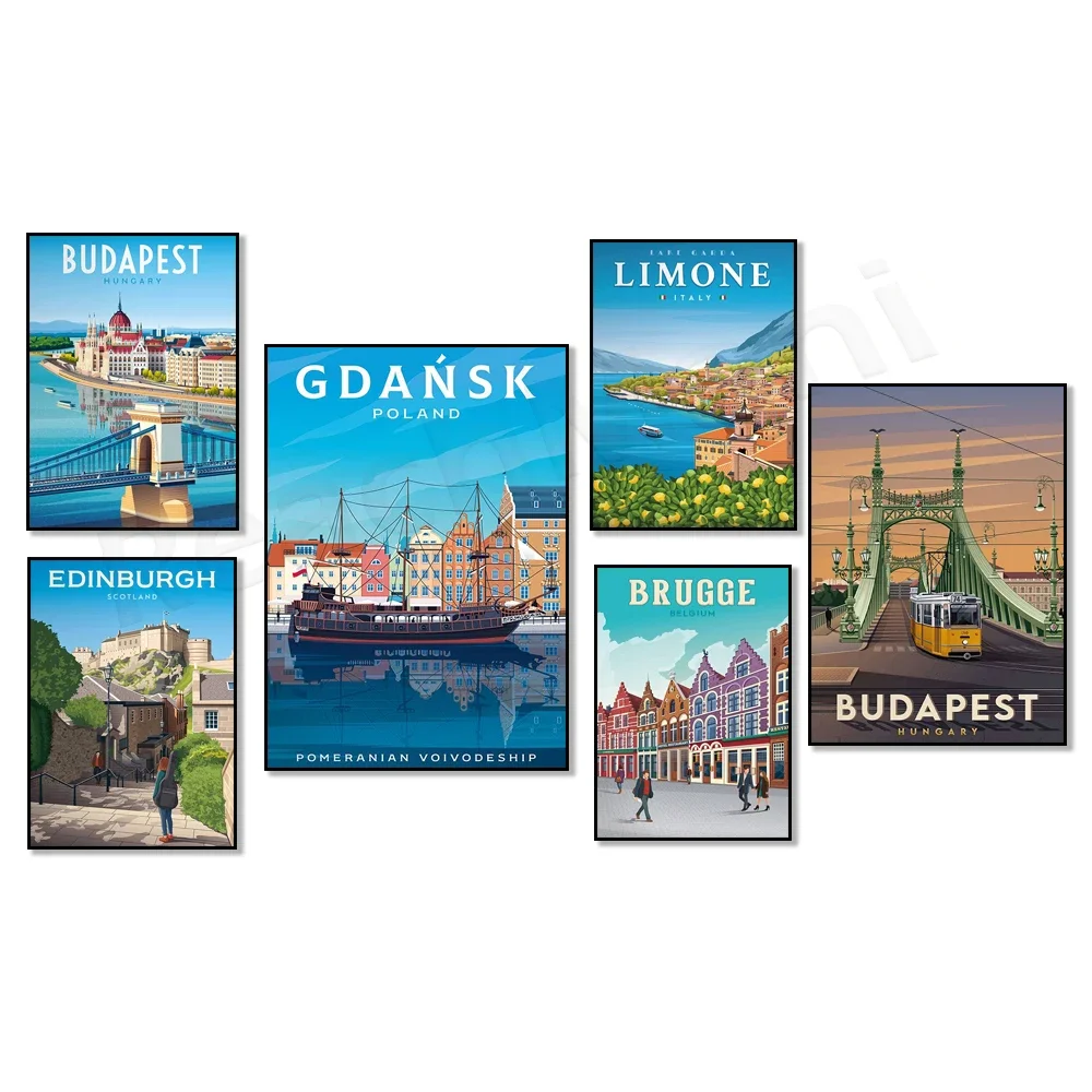 Travel posters of Gdansk Poland, Austria, Hungary, Ajaccio Corsica, Honfleur France, Belgium, Italy, Basel Switzerland, Edinburg