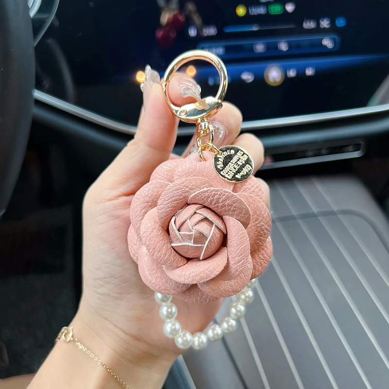 Fashion Xiaoxiangshan Camellia Pearl Chain Car Keychain Charm Flower Accessories Bag Pendant Small Gift