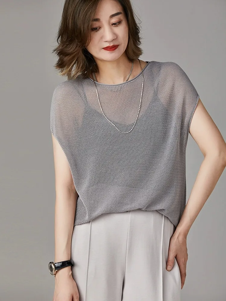 NOVEDAD DE VERANO 2025 Faion prendas de punto caladas holgadas informales ort Sve Top de mujer Color puro versátil cómodo coreano Sle