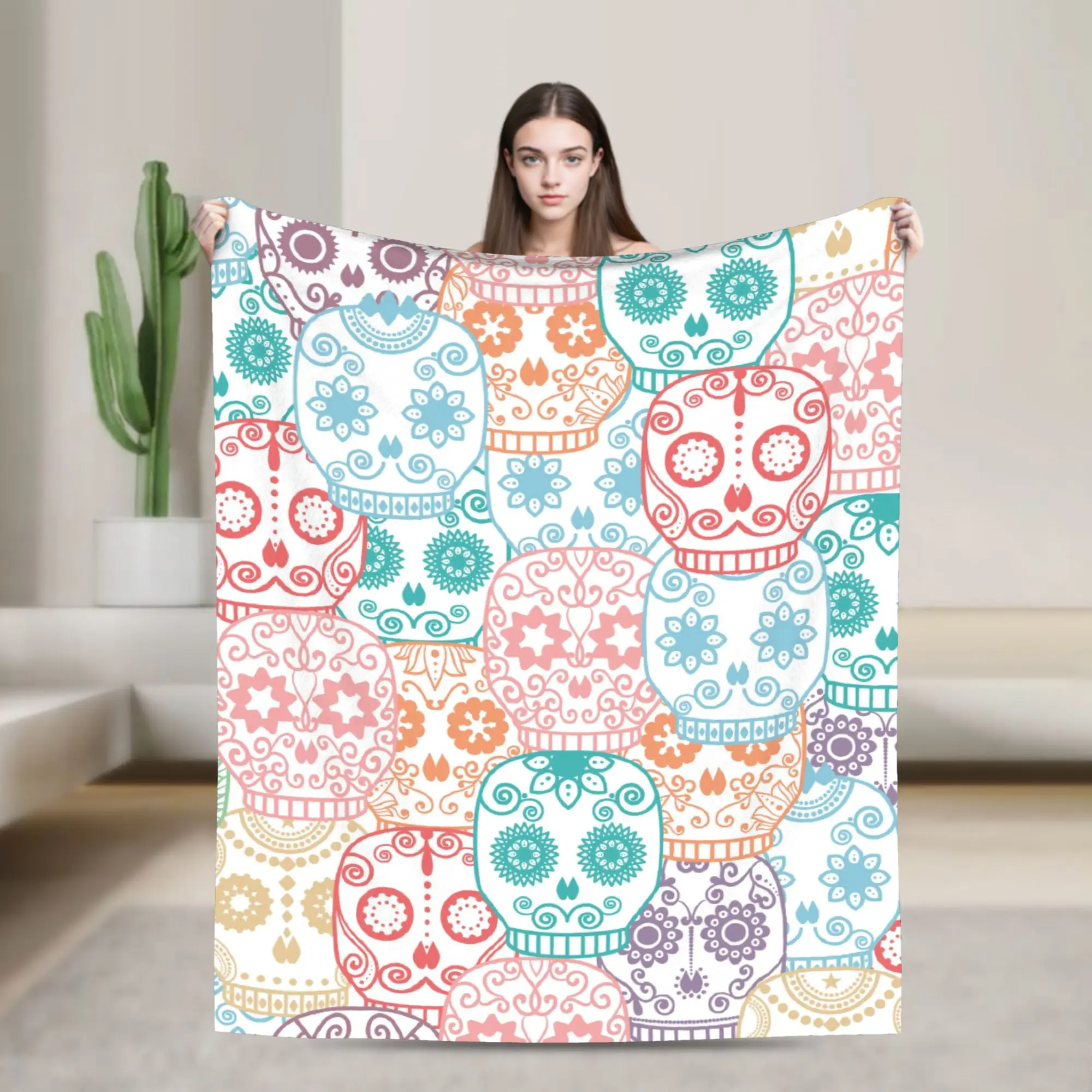 Sugar Skull Knitted Blanket Colorful Mexican Skeleton Halloween Flannel Throw Blankets Bedding Couch Lightweight Bedspreads