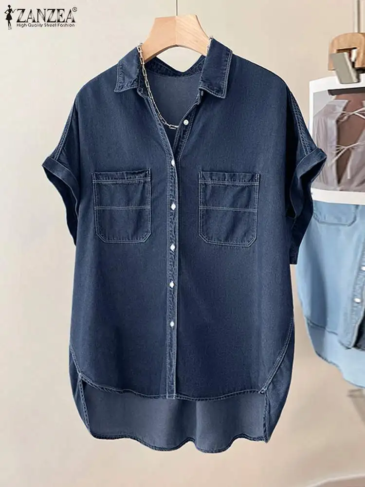 ZANZEA Women Lapel Demin Blue Blouse 2024 Elegant Short Sleeve Casual Solid Loose Tops Tees Summer Button Up Oversized Blusas