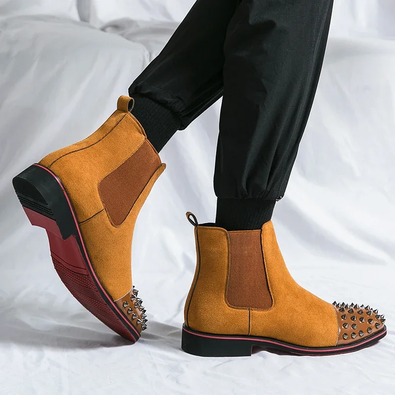 New Brown Men Chelsea Boots Flock Rivet Square Toe Red Sole Punk Handmade Men Short Boots Bottes Pour Hommes