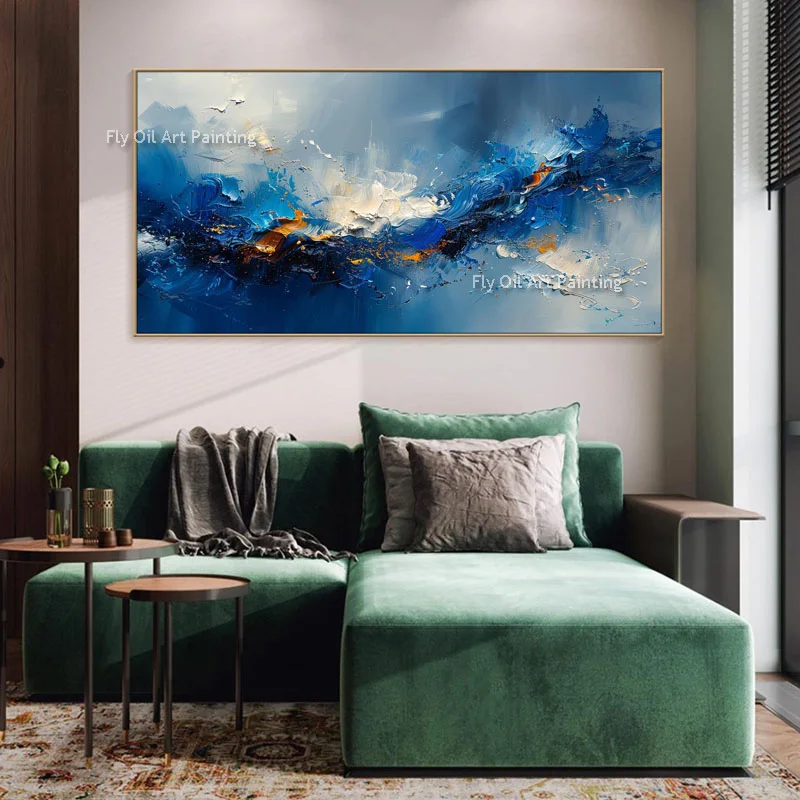 New Design Simple Blue White Knife Canvas Wall Art Handmade Dark Blue Abstract Thick Oil Painting Large Artwork For Room Decor
