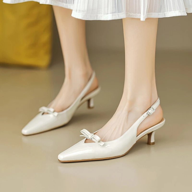 NEW Summer Women Sandals Split Leather Shoes for Women Pointed Toe Thin Heel Shoes Cover Toe Slingback Bow-knot Women Shoes