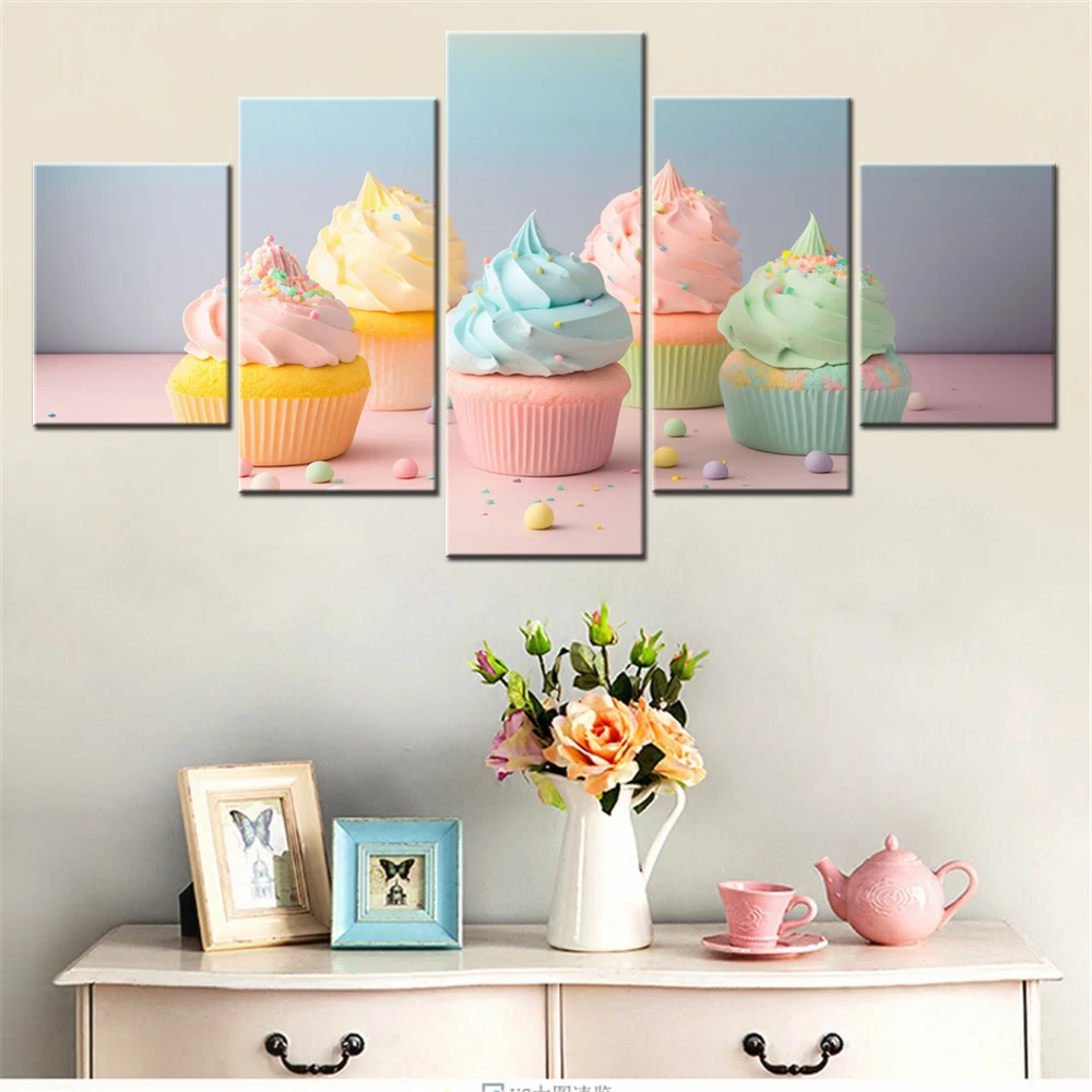

5 Pieces Canvas Wall Arts Poster Painting Food Colorful Ice Cream Cupcakes WallpaperInterior Home Decor Morder Picture Printing