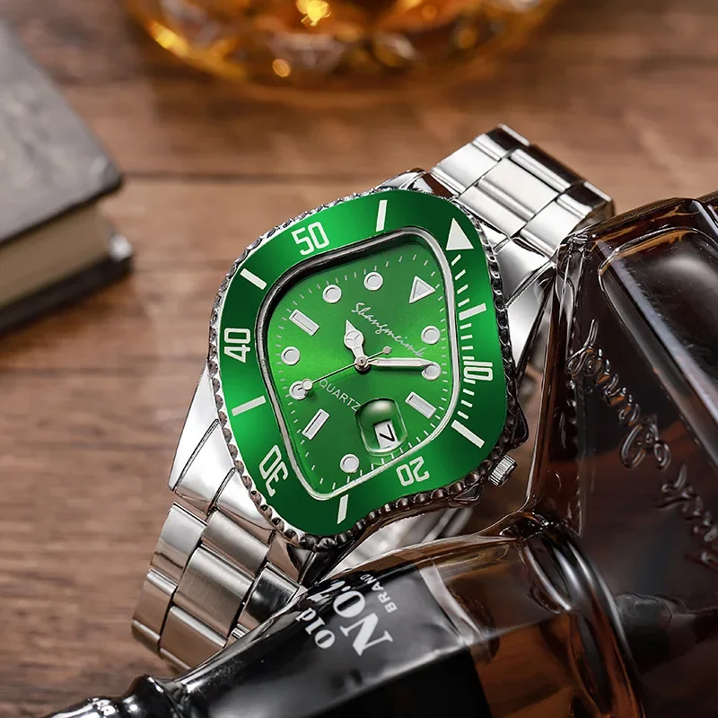 

Модные часы для мужчин, необычные концептуальные часы Reloj, плавящийся поворотный корпус, кварцевые наручные часы, мужские ромбические зеленые часы