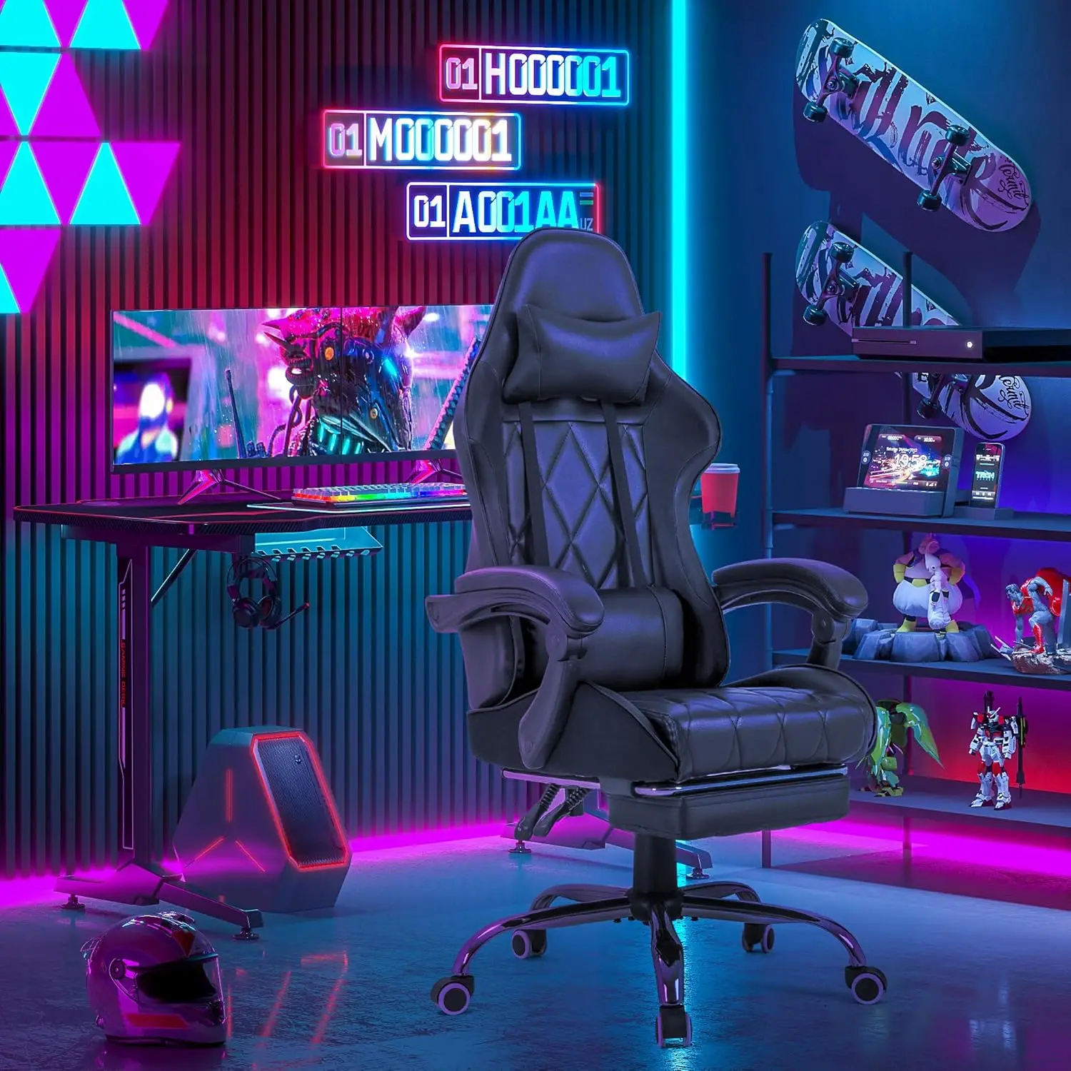 Gaming Chair, Computer Chair with Footrest and Massage Lumbar Support, Ergonomic High Back Video Game Chair with Swivel Seat