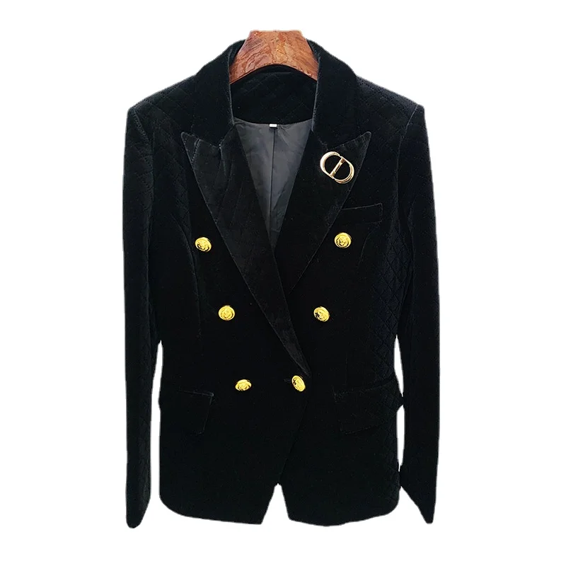 

2024 Spring Autumn Elegant Women's Blazers Metal Lion's Head Buckle Women's Modern Blazers Golden Velvet Blazer Jacket Black