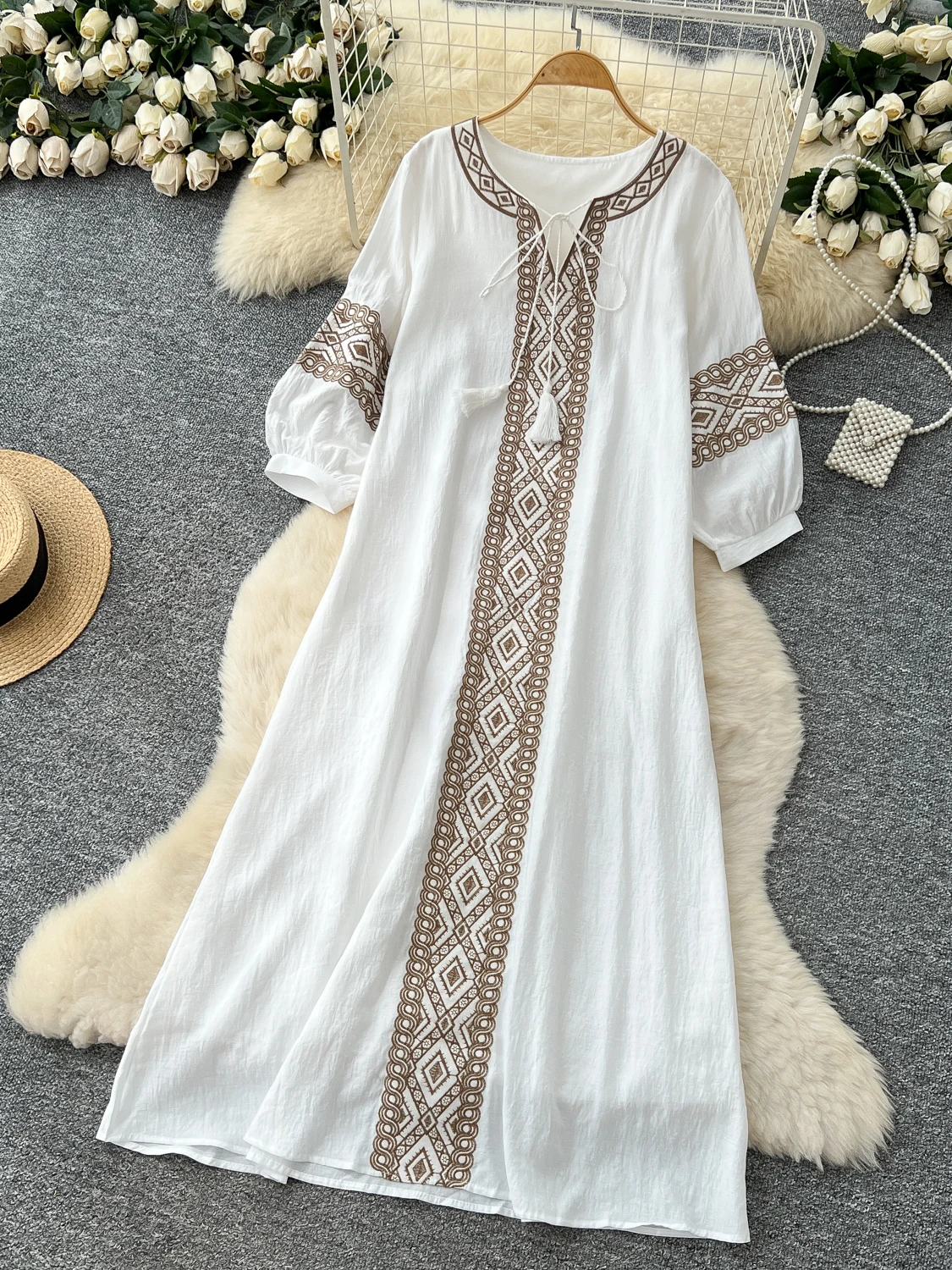 Vestido Midi Estilo Étnico Retro para Mujer, Hoado, con Cinturón, Diseño Sensual, Falda Amplia, Versión Coreana, Cintura Al...