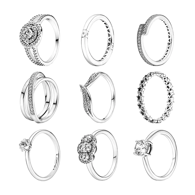 

Silver 925 Original Stack Finger Couple Rings For Women Jewelry Halo Heart Overlapping Crossover Triple Band Leaf Star Solitaire