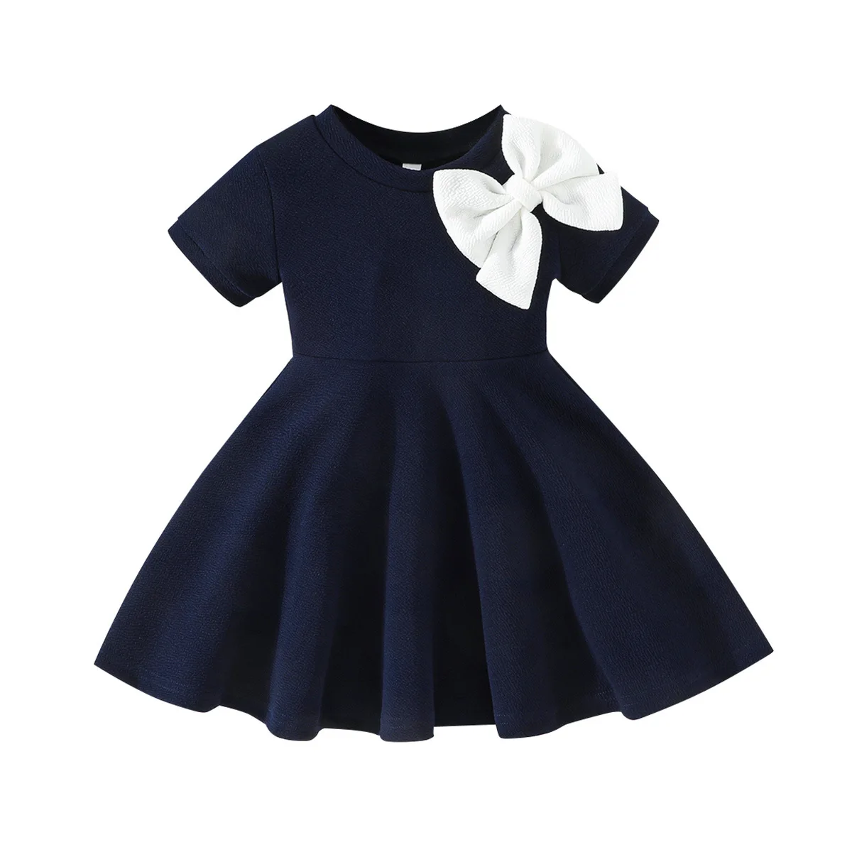 

Летнее платье для девочек 2026 года - с цветочным принтом, контрастной строчкой, бантом и круглым вырезом